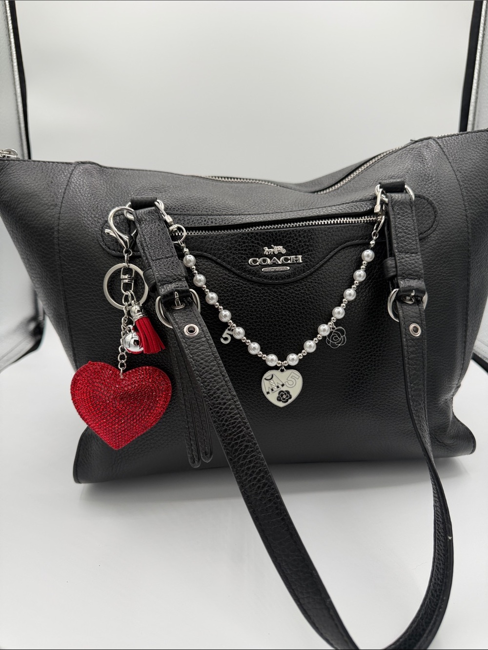 Coach Black Pebbled Leather Tote with Red Heart Charm - Picture 2 of 9